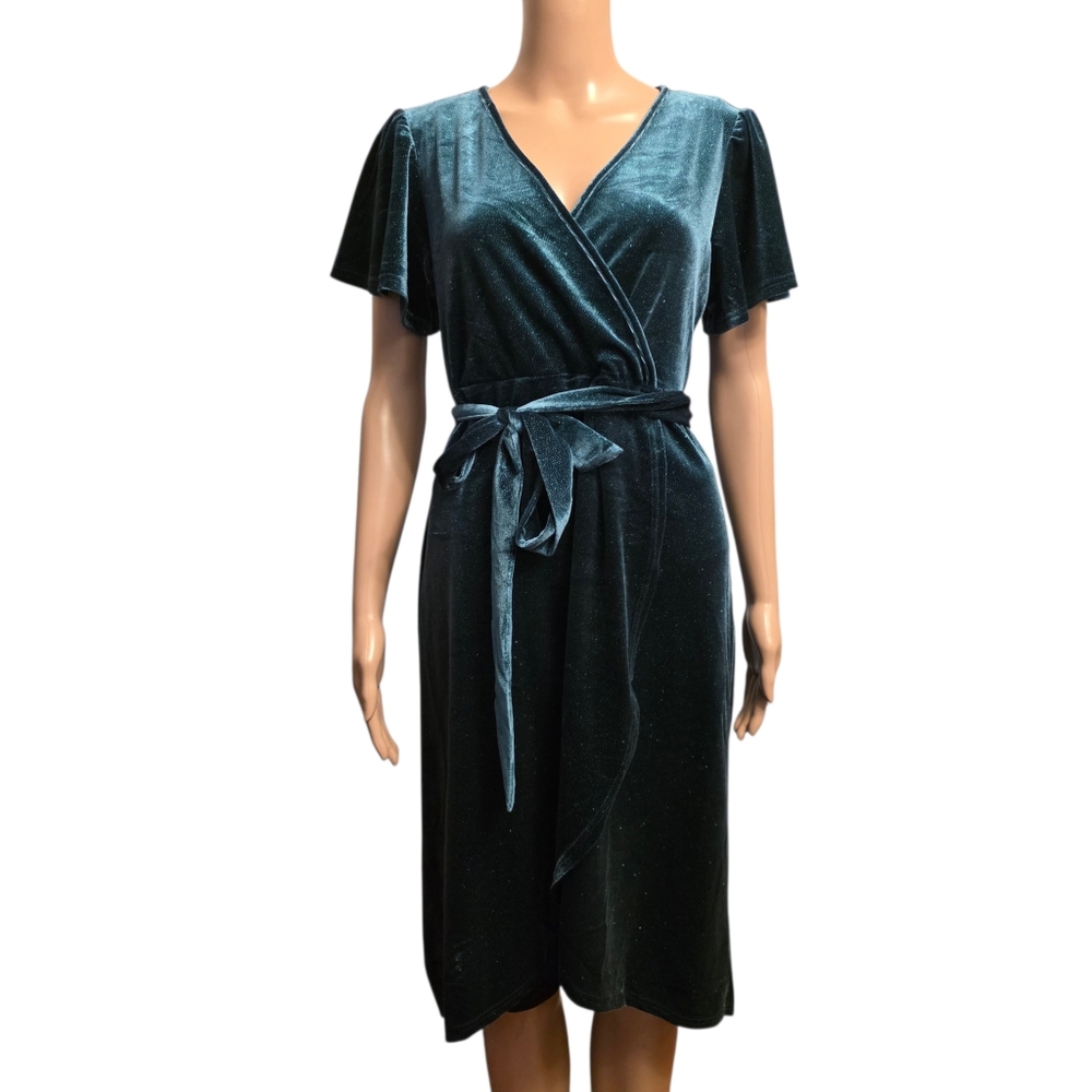 Badgley Mischka Elegant Sparkling Emeral Green Velvet Wrap Dress Size PM - Picture 2 of 16